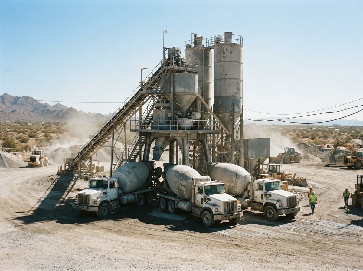 Ready-mix concrete plant and mixers in operation