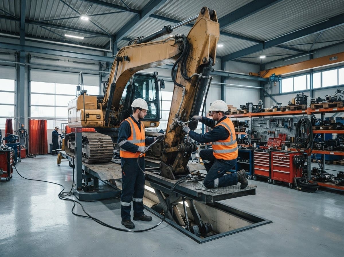 Technicians repairing an excavator arm inside a heavy-equipment workshop